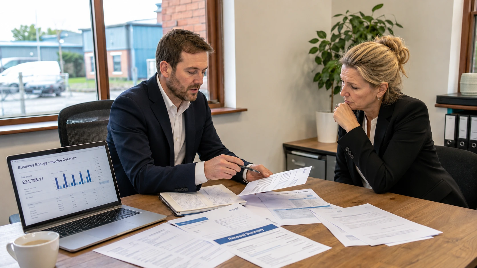 Energy consultants reviewing commercial energy contracts, utility bills and pricing documents to identify cost-saving opportunities and optimise business energy procurement.