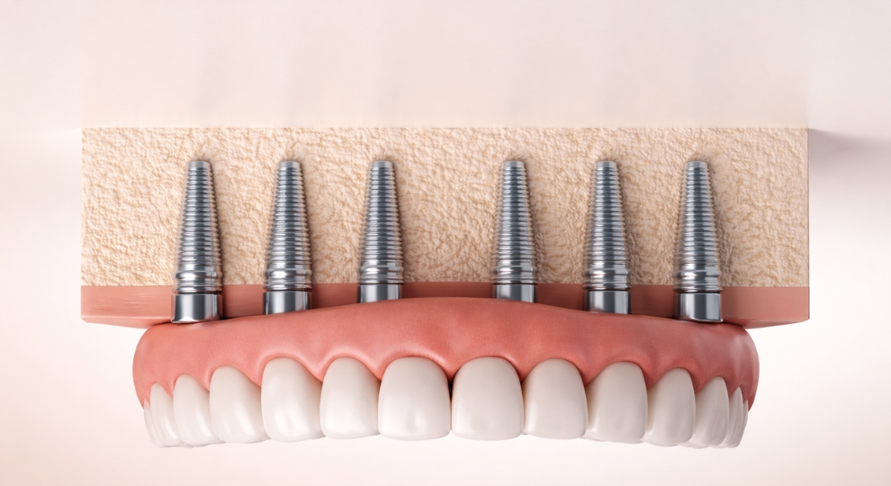 Six dental implants embedded in jawbone supporting an arch of artificial teeth and gums.