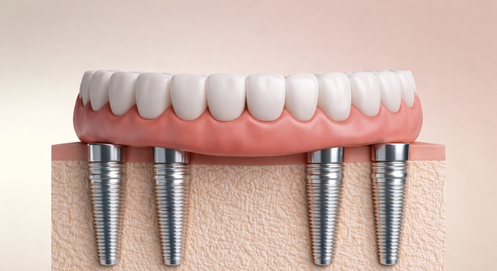 Prótese dentária completa fixada em quatro implantes metálicos presos ao osso.