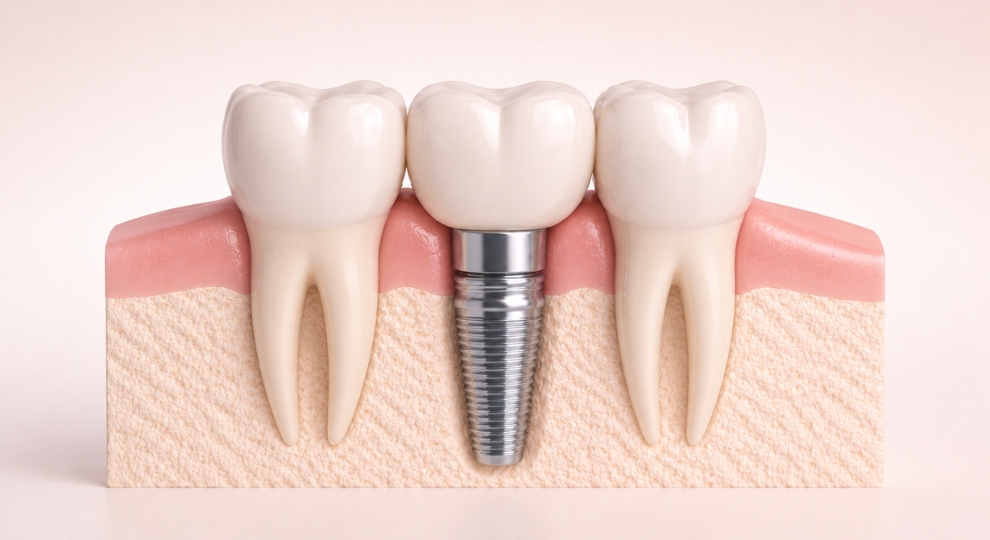 Modelo de implante dentário entre dois dentes naturais em gengiva e osso.