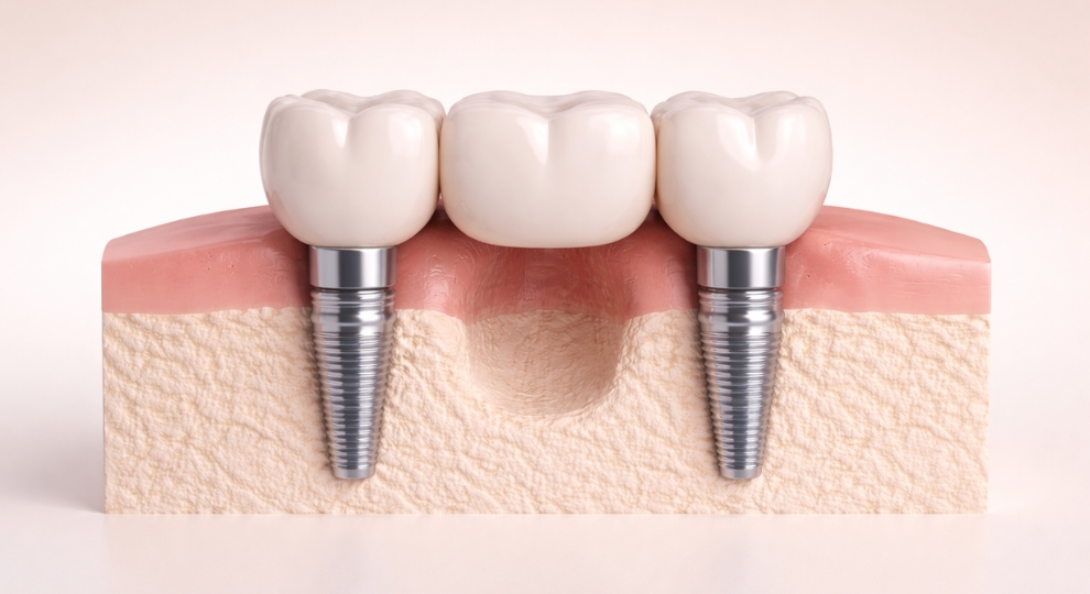 Modelo de prótese dentária fixa com implantes metálicos sostendo três dentes cerâmicos.