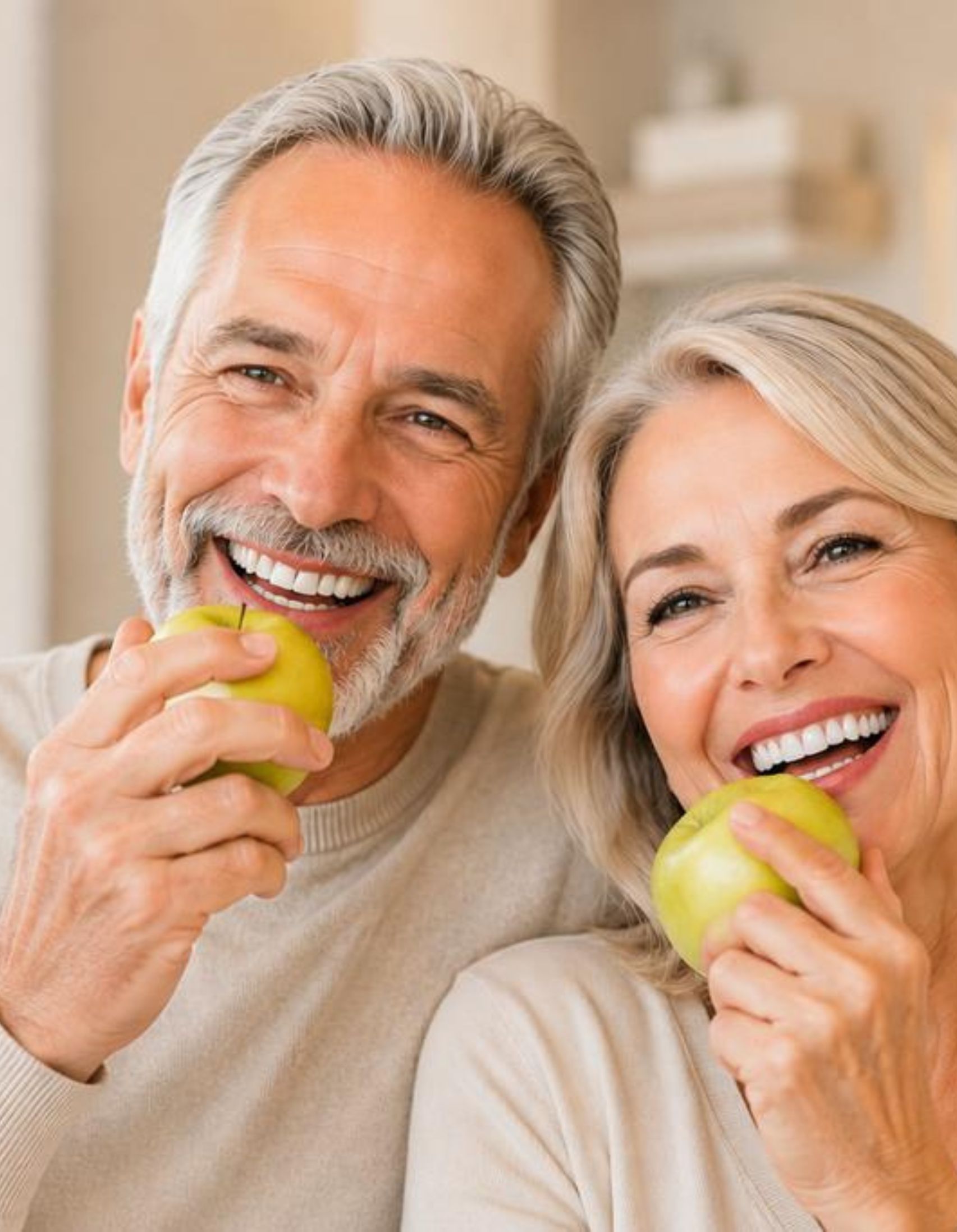 Casal sorrindo e segurando maçãs verdes juntos.