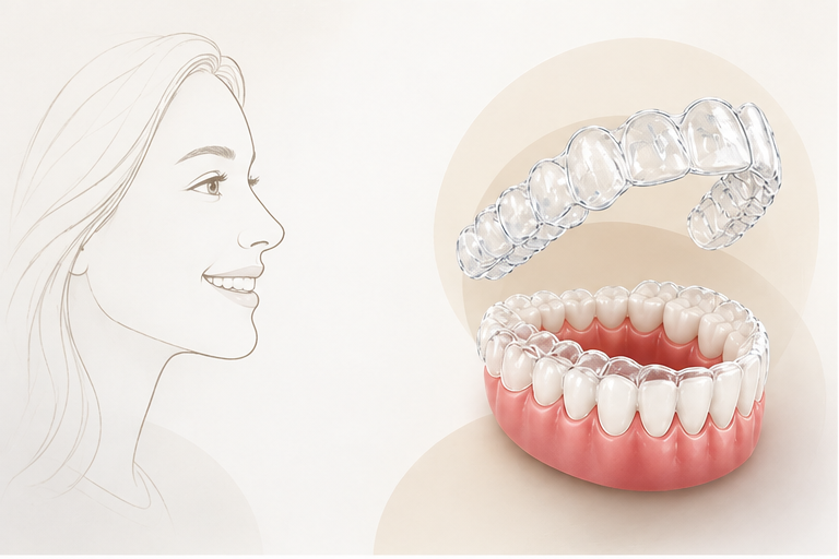 Ilustração mostra o perfil de uma mulher sorridente ao lado de um modelo 3D de um conjunto de dentes com aparelho Invisalign transparente encaixado e outro aparelho flutuando acima.