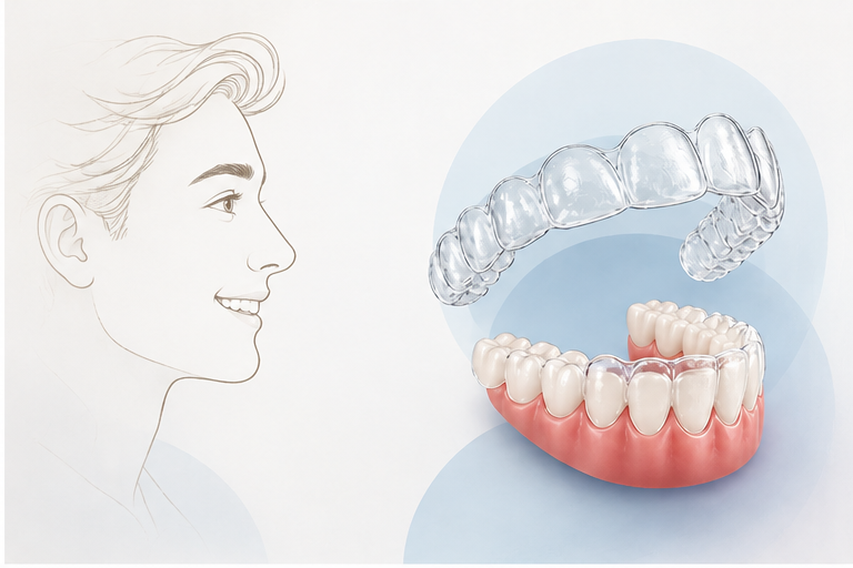 Ilustração de perfil de um homem sorridente olhando para um modelo de arcada dentária com uma moldeira transparente destacada acima, representando aparelho ortodôntico invisível.