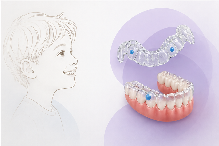 Ilustração de um menino sorrindo de perfil à esquerda e, à direita, um modelo dental infantil com alinhadores transparentes, ao lado de um alinhador solto com dois pontos azuis visíveis.