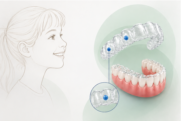 Ilustração de uma adolescente sorrindo ao lado de uma representação de um alinhador transparente para dentes destacados com um marcador azul, mostrando o dispositivo sobre um modelo dental rosado com dentes brancos.