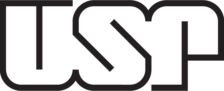 Logotipo da USP com as letras U, S e P estilizadas em traço preto contínuo formando um desenho geométrico integrado.