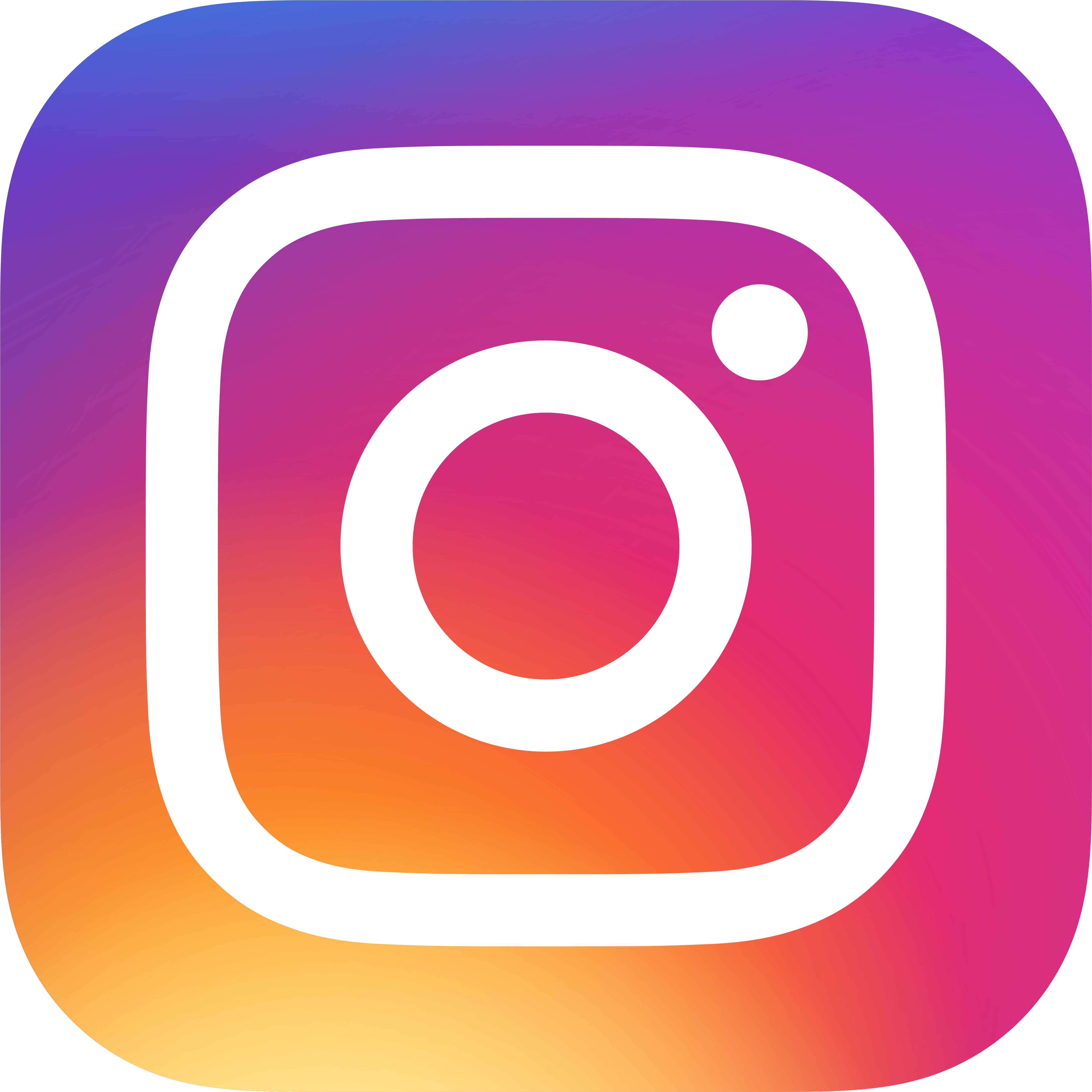 Ícone do Instagram com um símbolo de câmera branca sobre um fundo gradiente em tons de azul, roxo, rosa, laranja e amarelo.