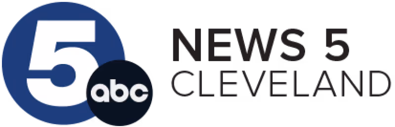 Logo with a white number 5 inside a blue circle, a smaller black circle with abc, and text News 5 Cleveland.