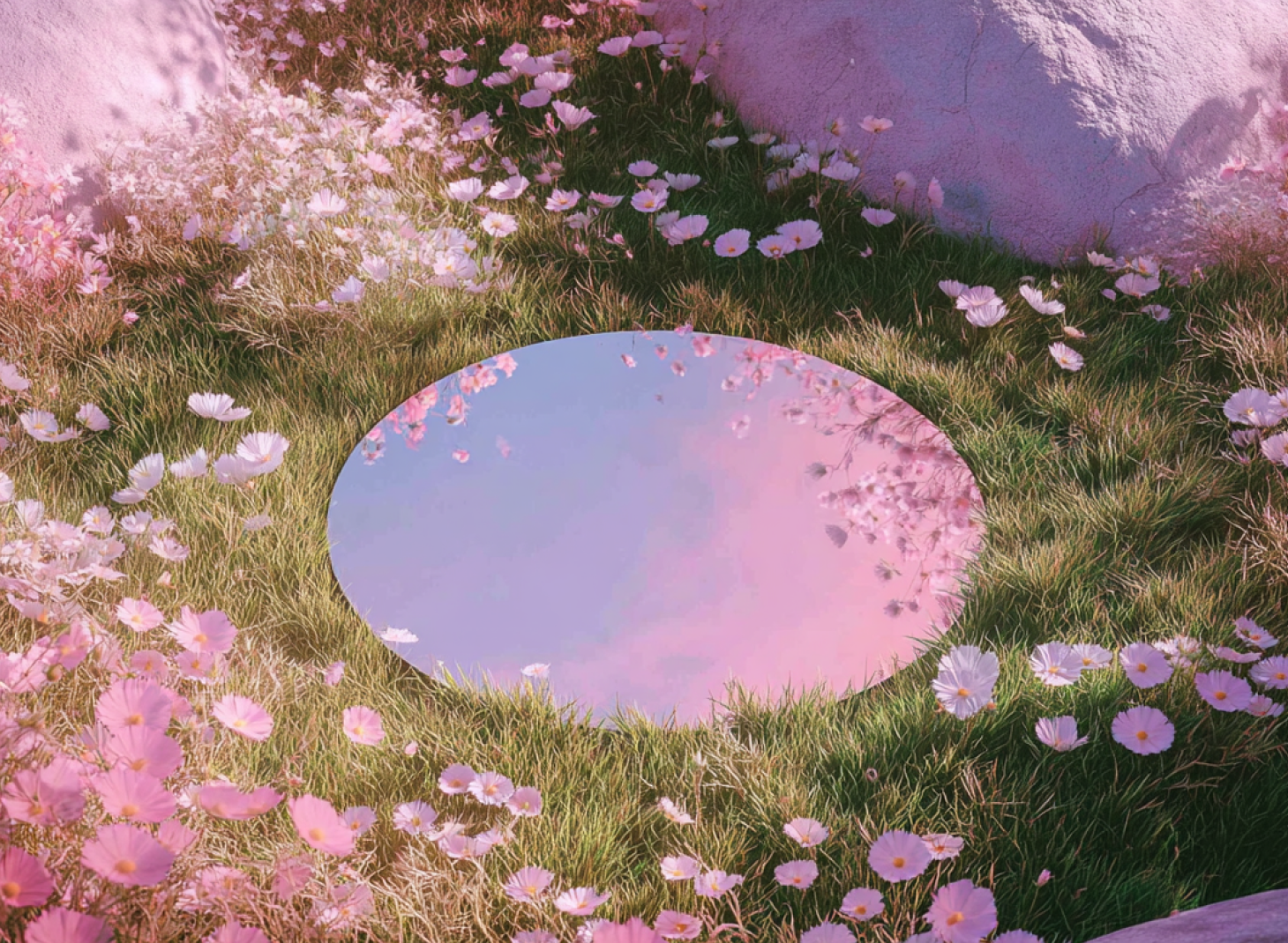 Round mirror on grass reflecting a pink and blue sky, surrounded by pink and white flowers.