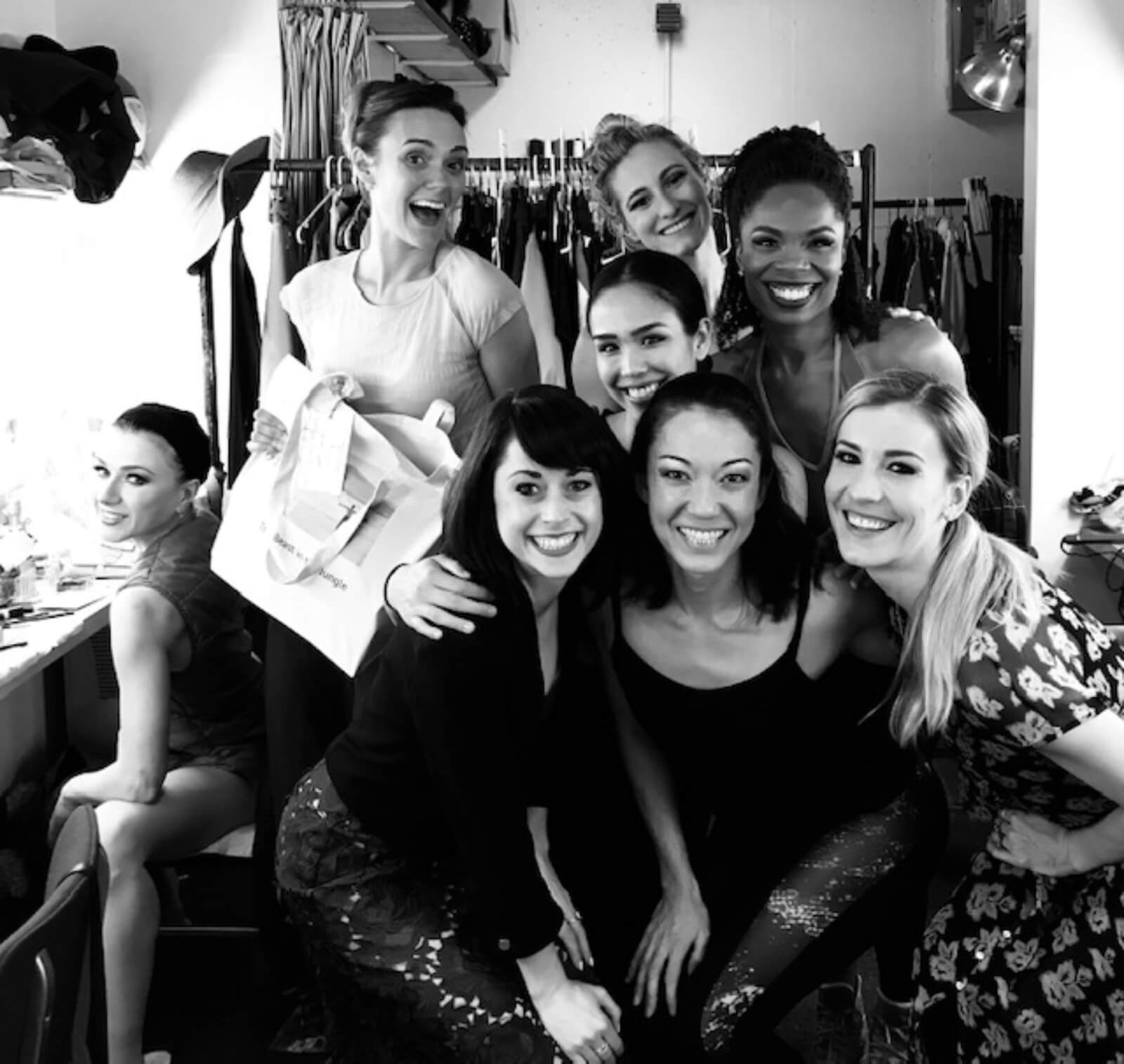 Irina Dvorovenko, Leah Hofmann, Sara Esty, Maira Barriga, Elizabeth Duga Crumrine, Naomi Kakuk, Erin N Moore, and Brittany Marcin Maschmeyer backstage at The Beast in the Jungle. 