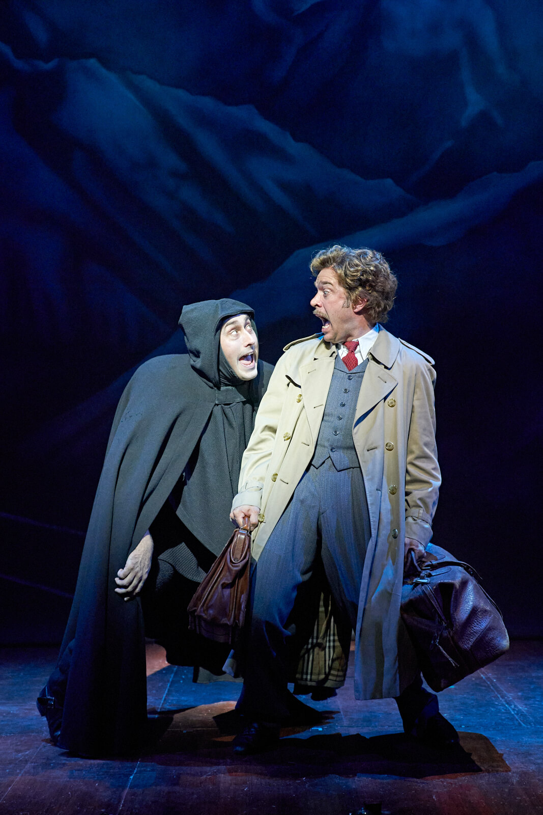 Dr. Frankenstein (Hadley Fraser) arrived at the Transylvania Train Station and was startled by Igor (Ross Noble).