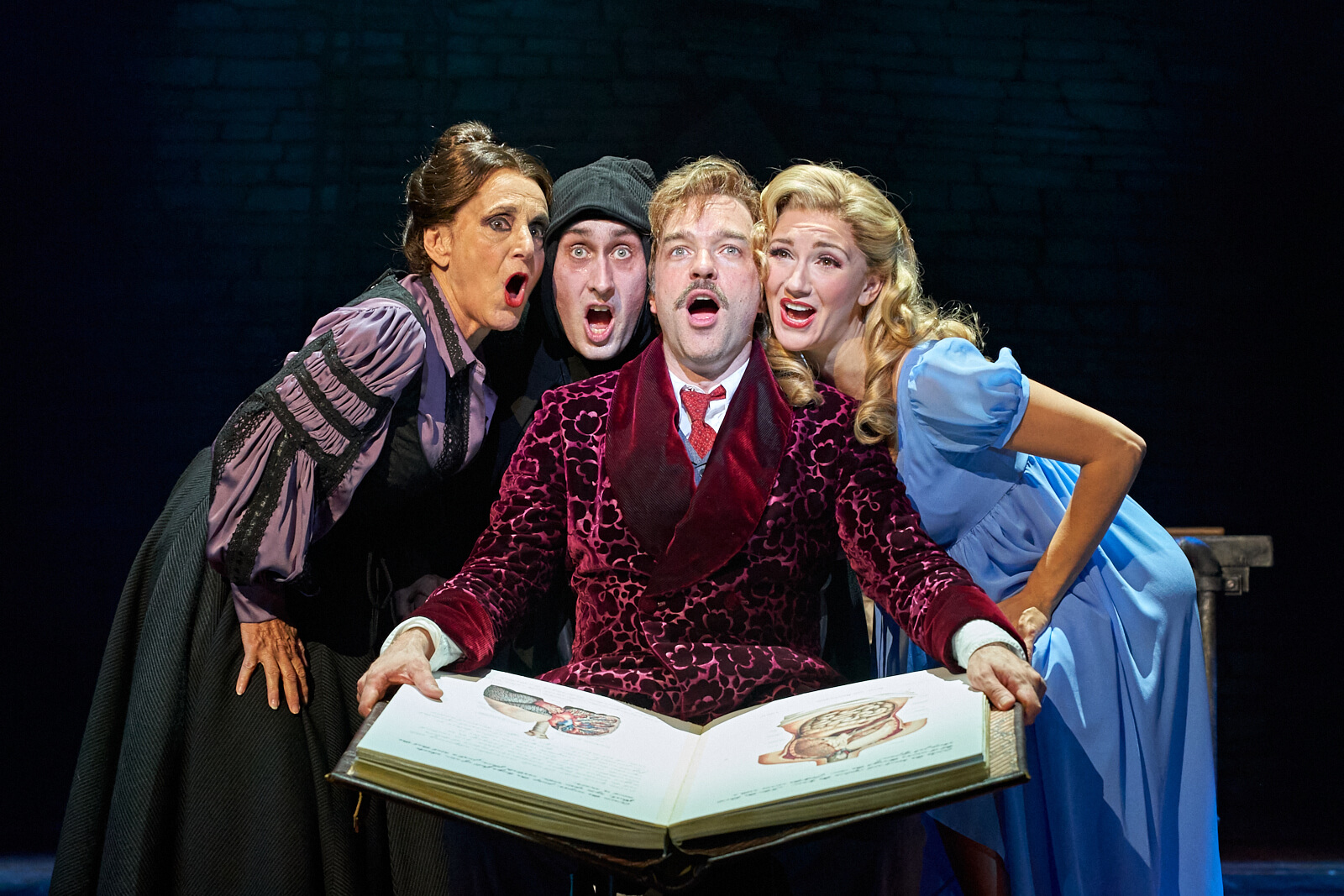 Frau Blucher (Lesley Joseph), Igor (Ross Noble), Dr. Frankenstein (Hadley Fraser) and Inga (Summer Strallen) singing "It Could Work". They sing around a science book called HOW I DID IT!