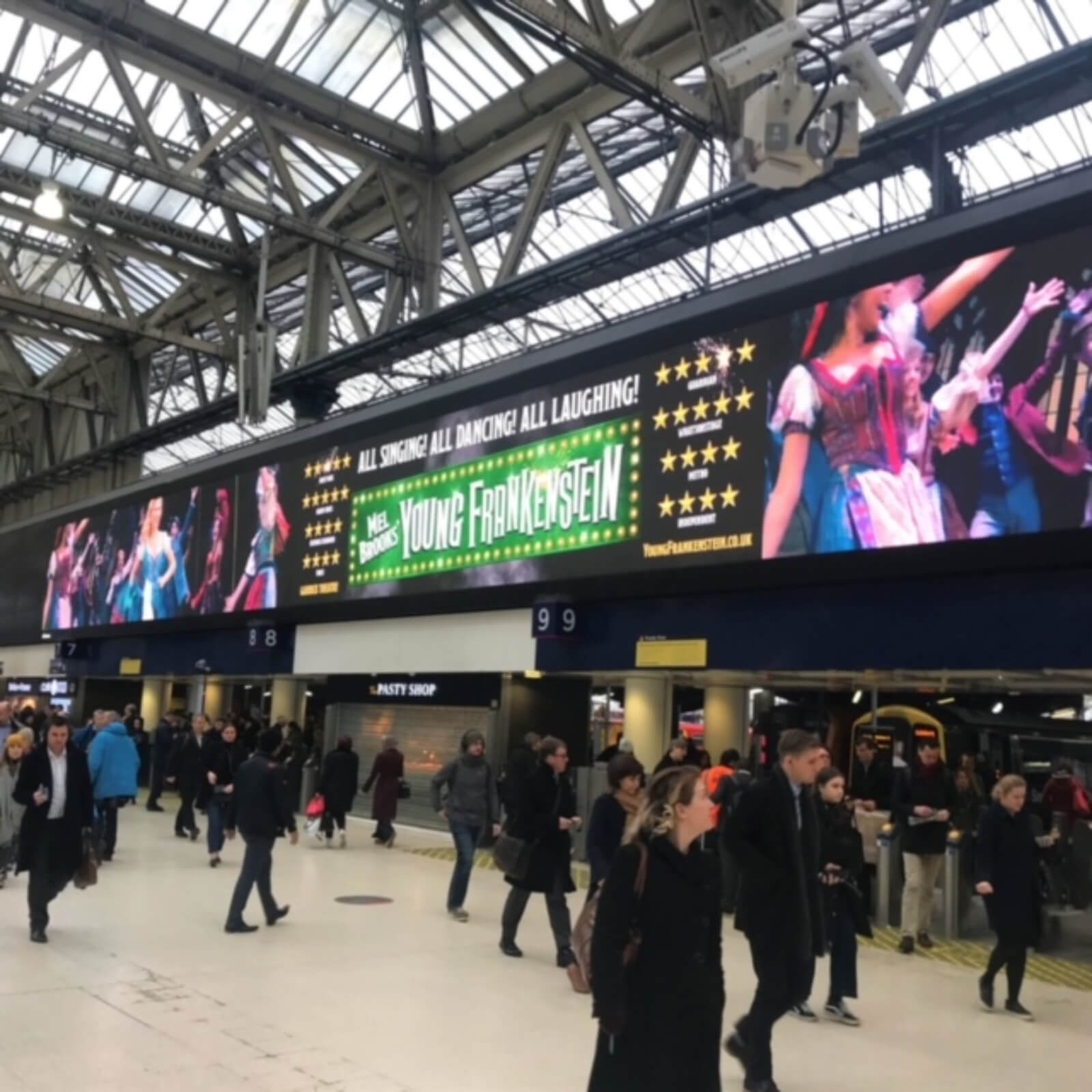 Huge banner of Young Frankenstein (West End) London at Paddington Train Station. 