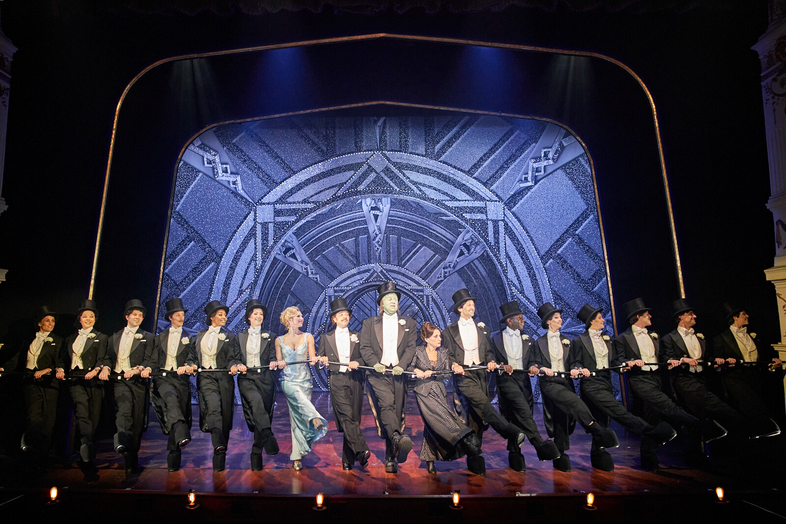 The cast of Young Frankenstein perform a kick line during the "Puttin' on the Ritz" alongside The Monster, Inga, Dr. Frankenstein and Frau Blucher.