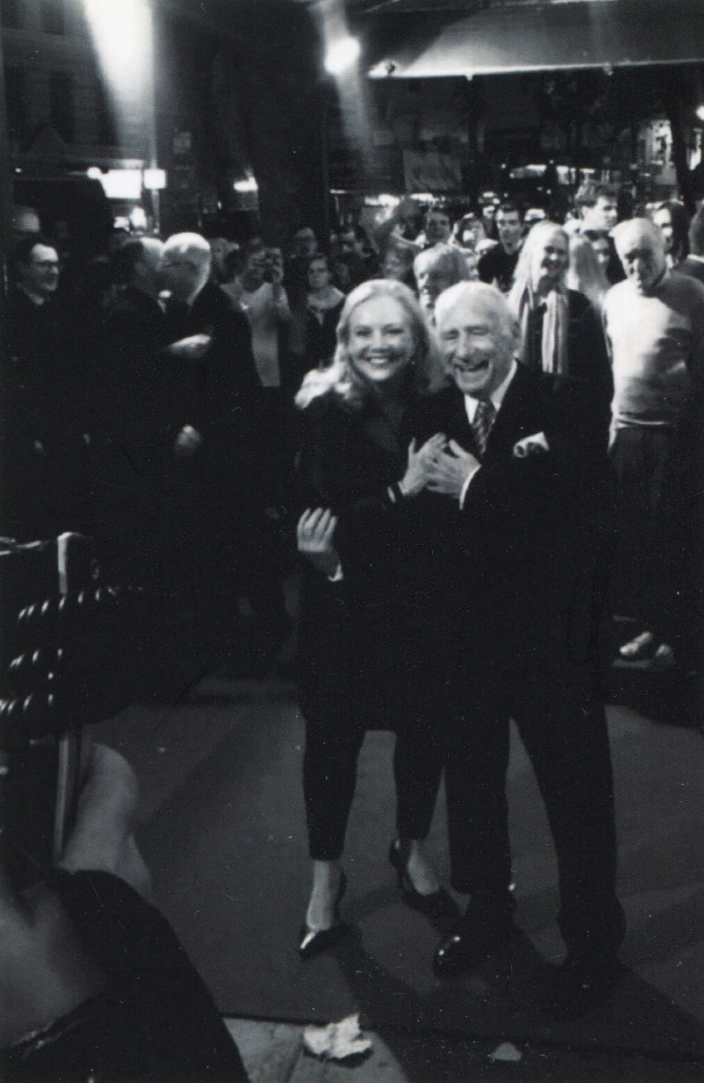 A black and white photo of Susan Stroman and Mel Brooks on the Red Carpet at the opening night of Young Frankenstein (West End).
