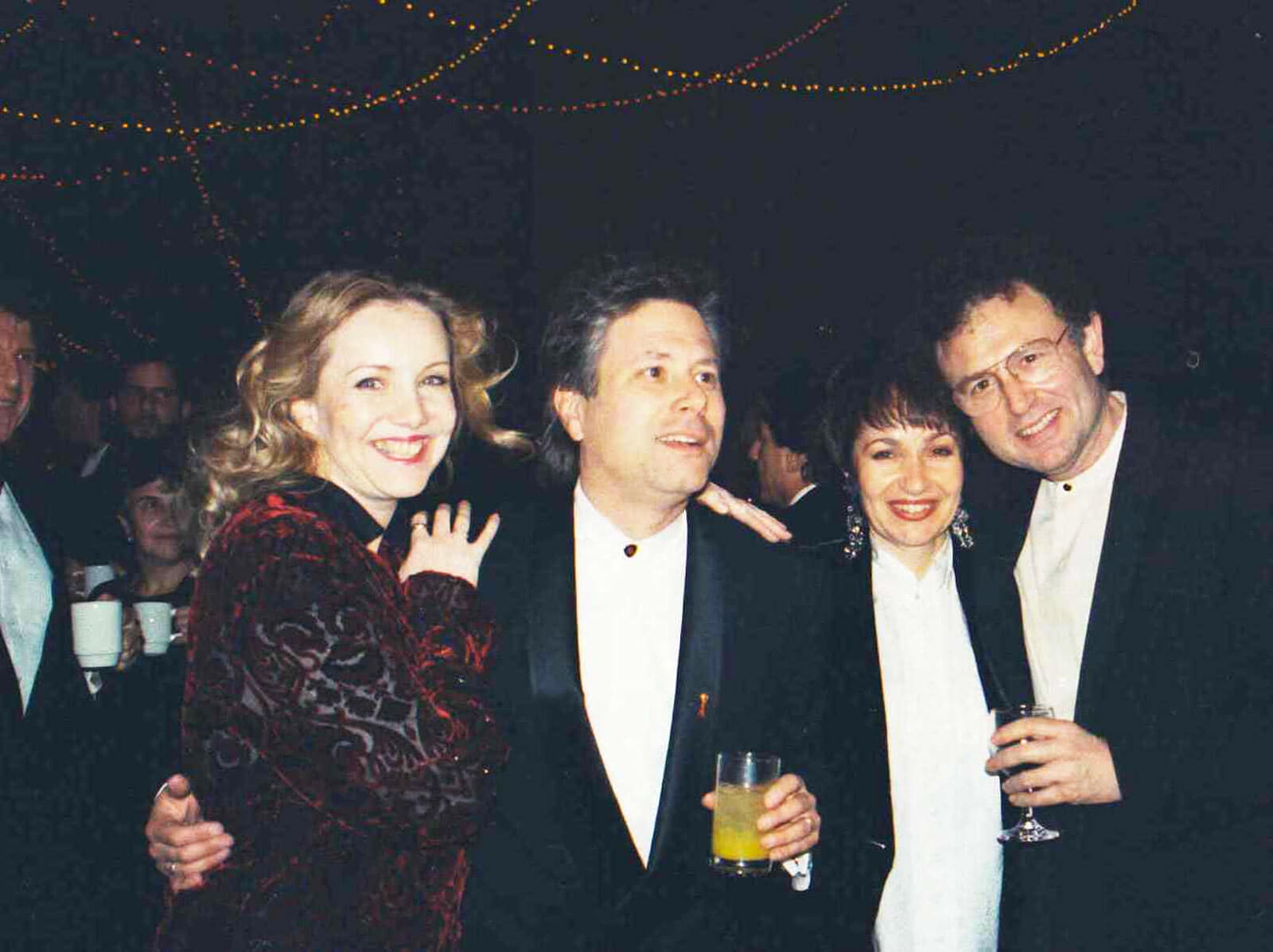 Susan Stroman, Alan Menken, Lynn Ahrens, and Mike Ockrent dressed up on the opening night of A Christmas Carol.