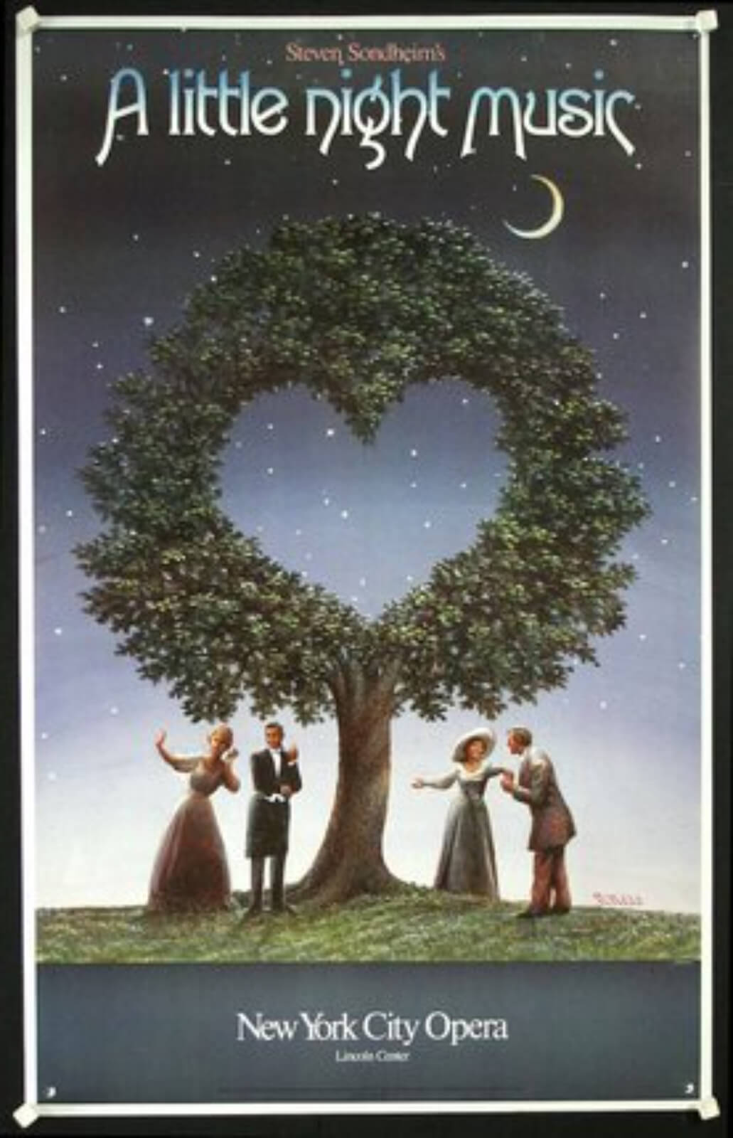 The official production poster of the New York City opera production containing 4 characters standing under a tree