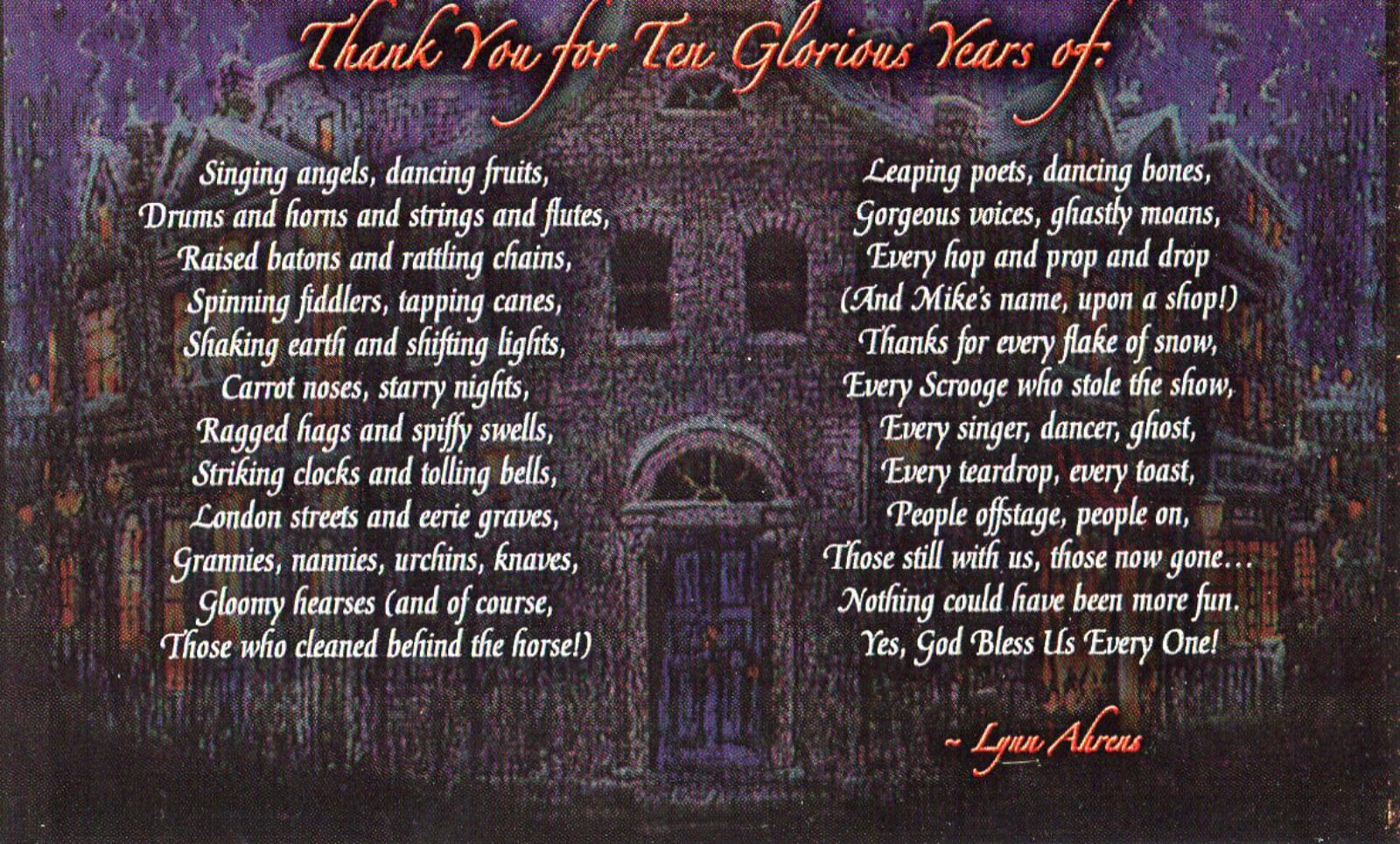 A poem thanking patrons of the show by Lynn Ahrens over top of an illustration of a snowy village.