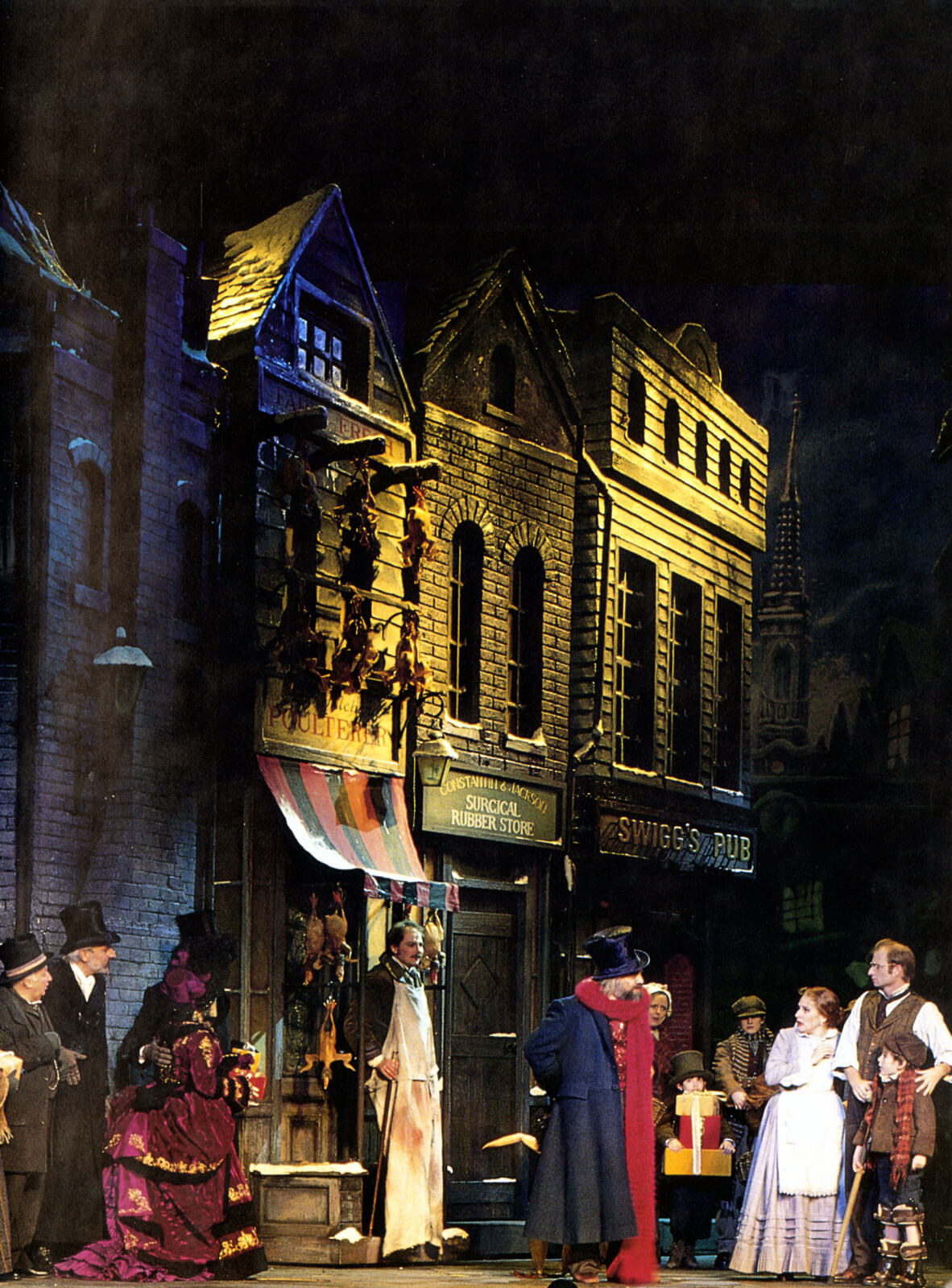 Scrooge (Walter Charles) in a street scene with the Cratchit family.