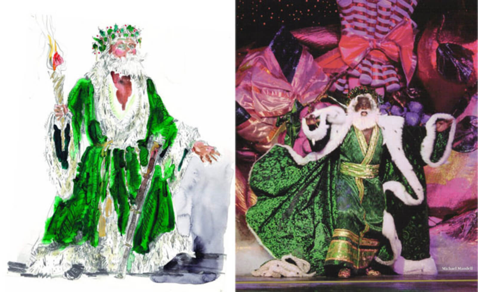 The Ghost of Christmas Present (Michael Mandell) to the right of an illustration of the green flowing conceptual costume