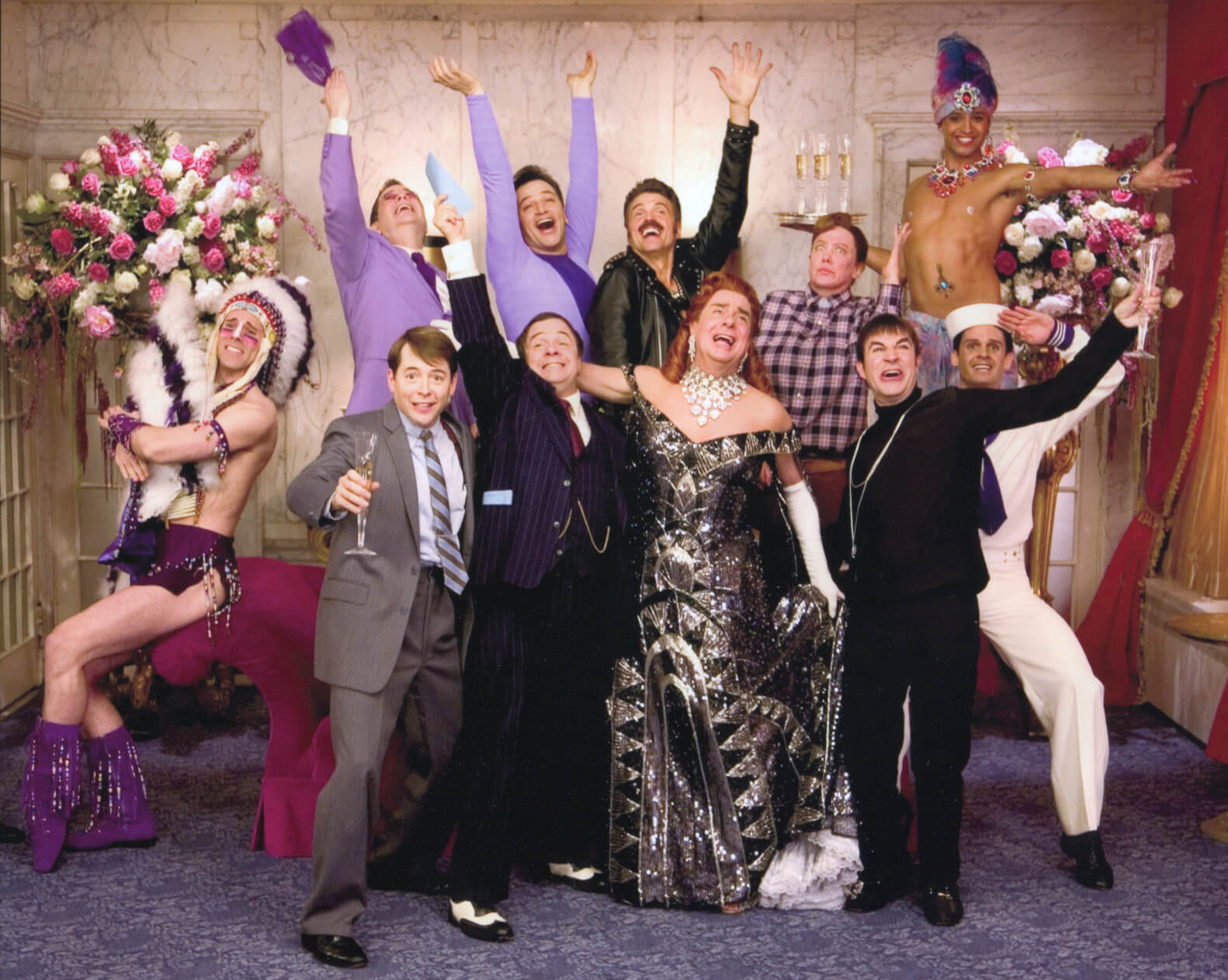 Leo Bloom (Matthew Broderick), Nathan Lane (Max Bialystock), Roger Debris (Gary Beach) and Carmen Ghia (Roger Bart) celebrating with friends singing "Keep it Gay". 