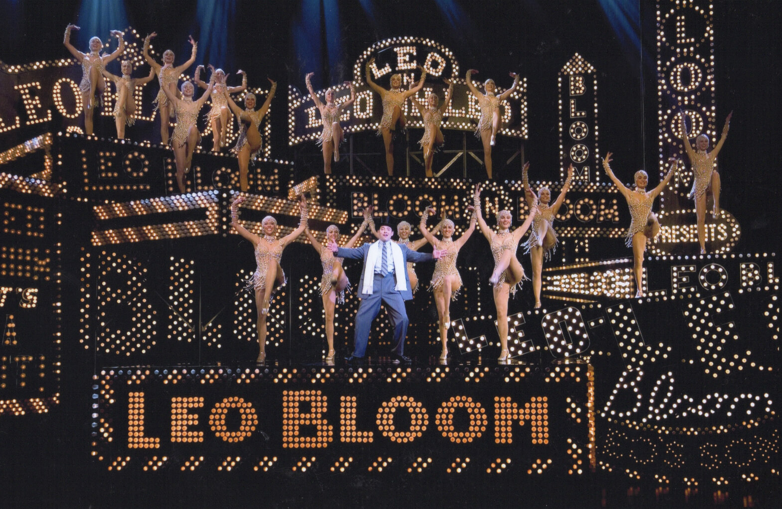 Leo Bloom (Matthew Broderick) and the Pearl Girls dancing "I Wanna Be a Producer". They are on a stage set with marquee lights saying Leo Bloom. 