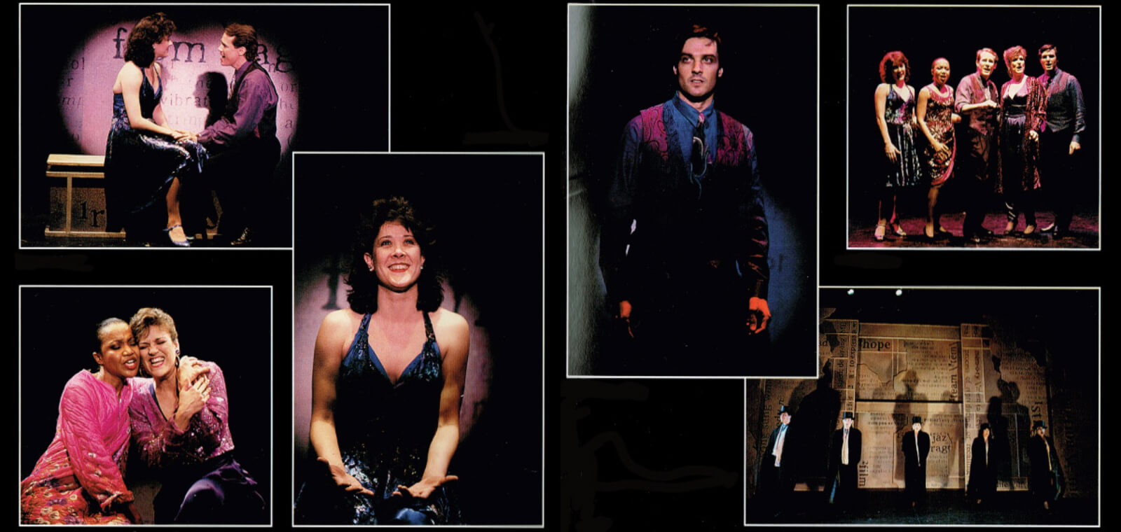A montage of the cast performing 6 different scenes