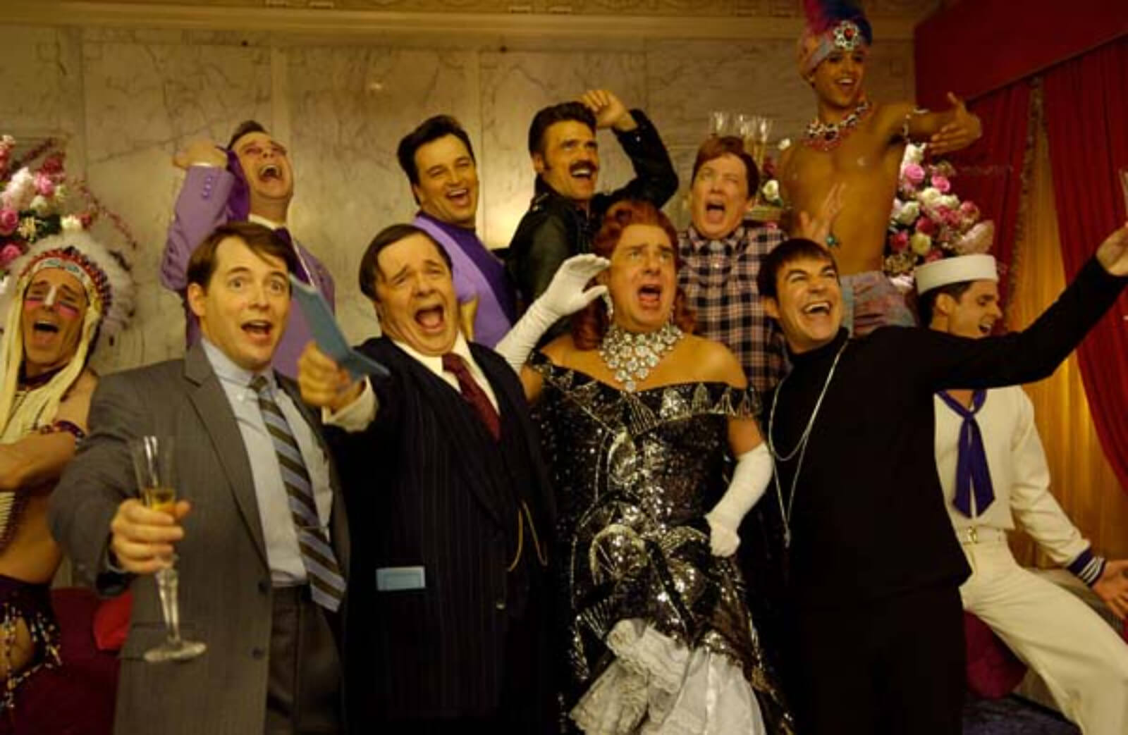 Leo Bloom (Matthew Broderick), Nathan Lane (Max Bialystock), Roger Debris (Gary Beach) and Carmen Ghia (Roger Bart) celebrating with friends singing "Keep it Gay". 
