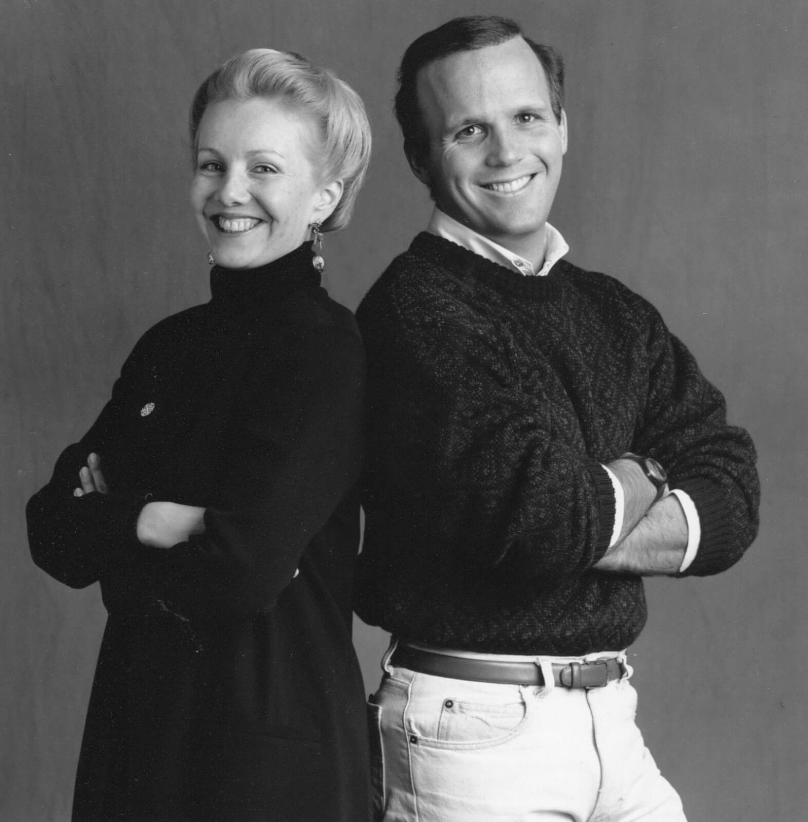 A black and white press portrait of Susan Stroman and Scott Ellis