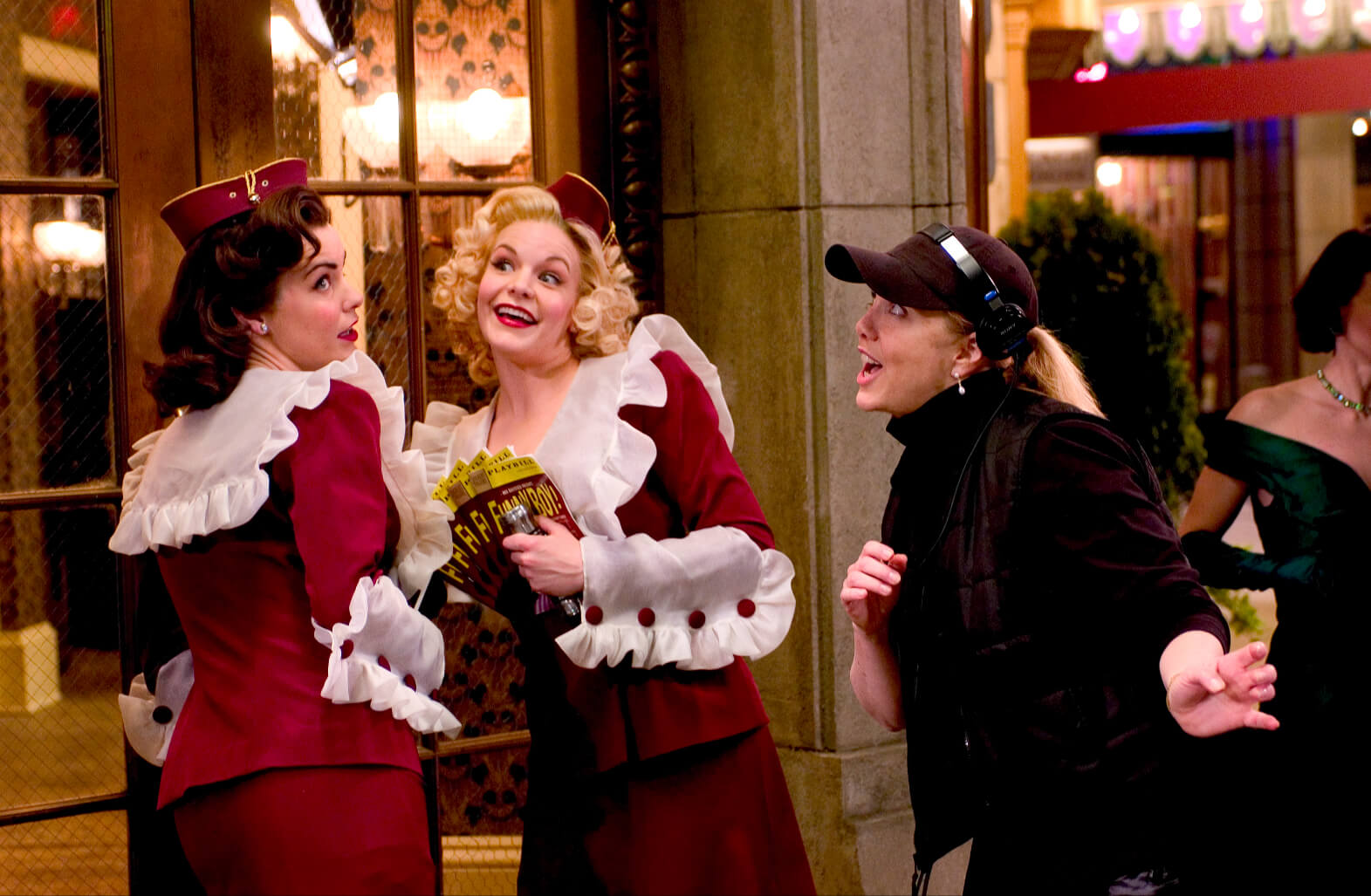 Susan Stroman and Usherettes, Meg Gillentine and Bryn Dowling rehearse "Opening Night". Stro is directing Meg and Bryn.