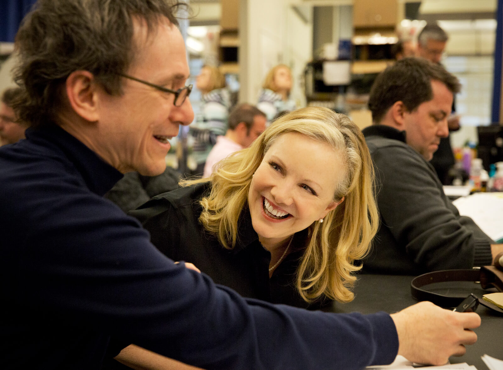Susan Stroman and Orchestrator Larry Hochman in rehearsal discussing instrumental choices to convey the sounds of water onstage.