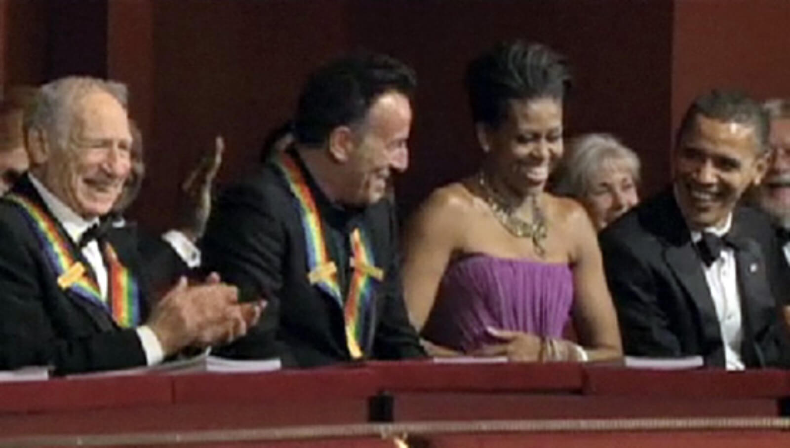 Mel Brooks, Bruce Springsteen, Michelle Obama, and President Barack Obama in the Presidents box at the Kennedy Center.