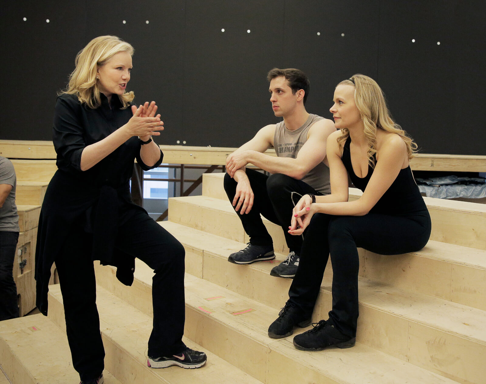 Susan Stroman rehearsing with Jason Lee Garrett & Bryn Dowling, she is directing the actors in the iconic circus scene.