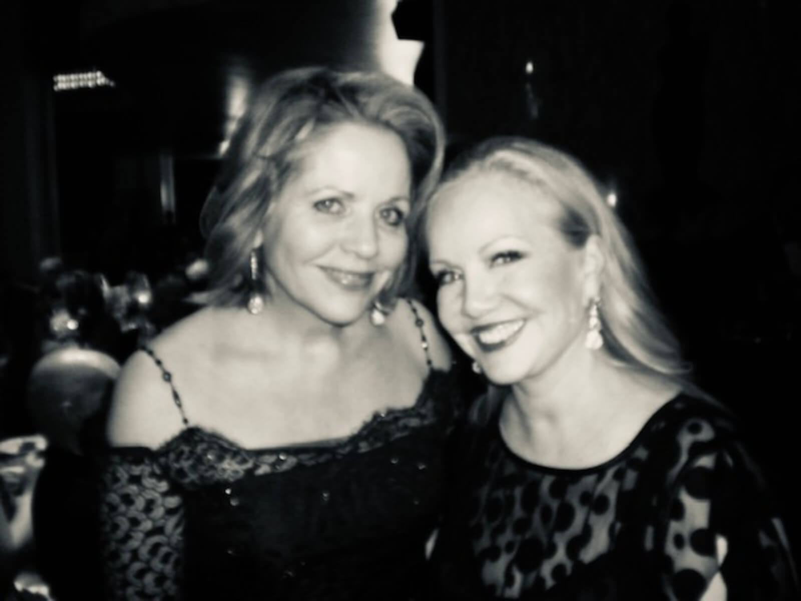 Black and white photo of Renée Fleming and Susan Stroman at the opening night of The Merry Widow.