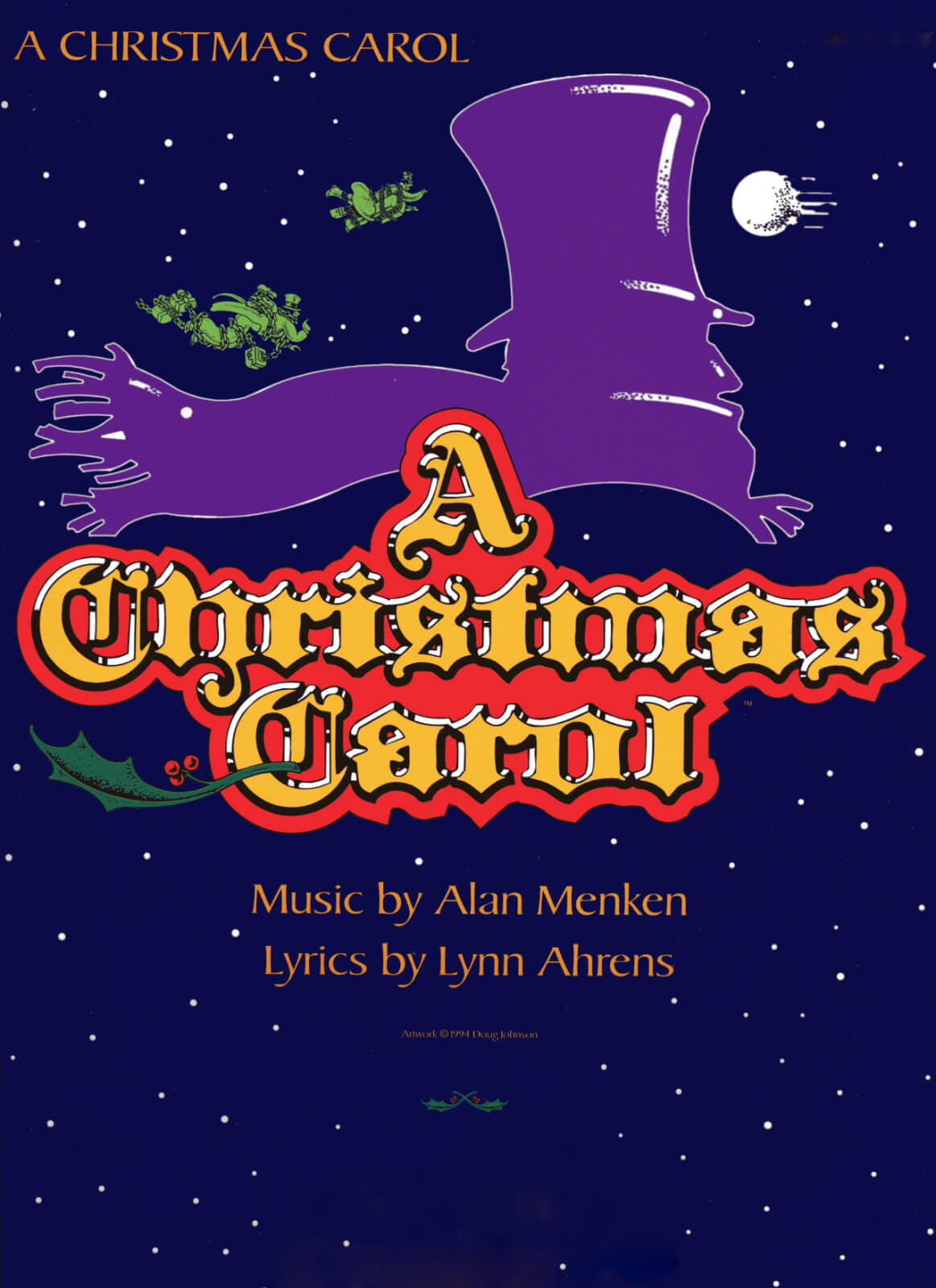 Poster Art for A Christmas Carol shows Scrooge silhouette with top hat and a scarf blowing in the wind.