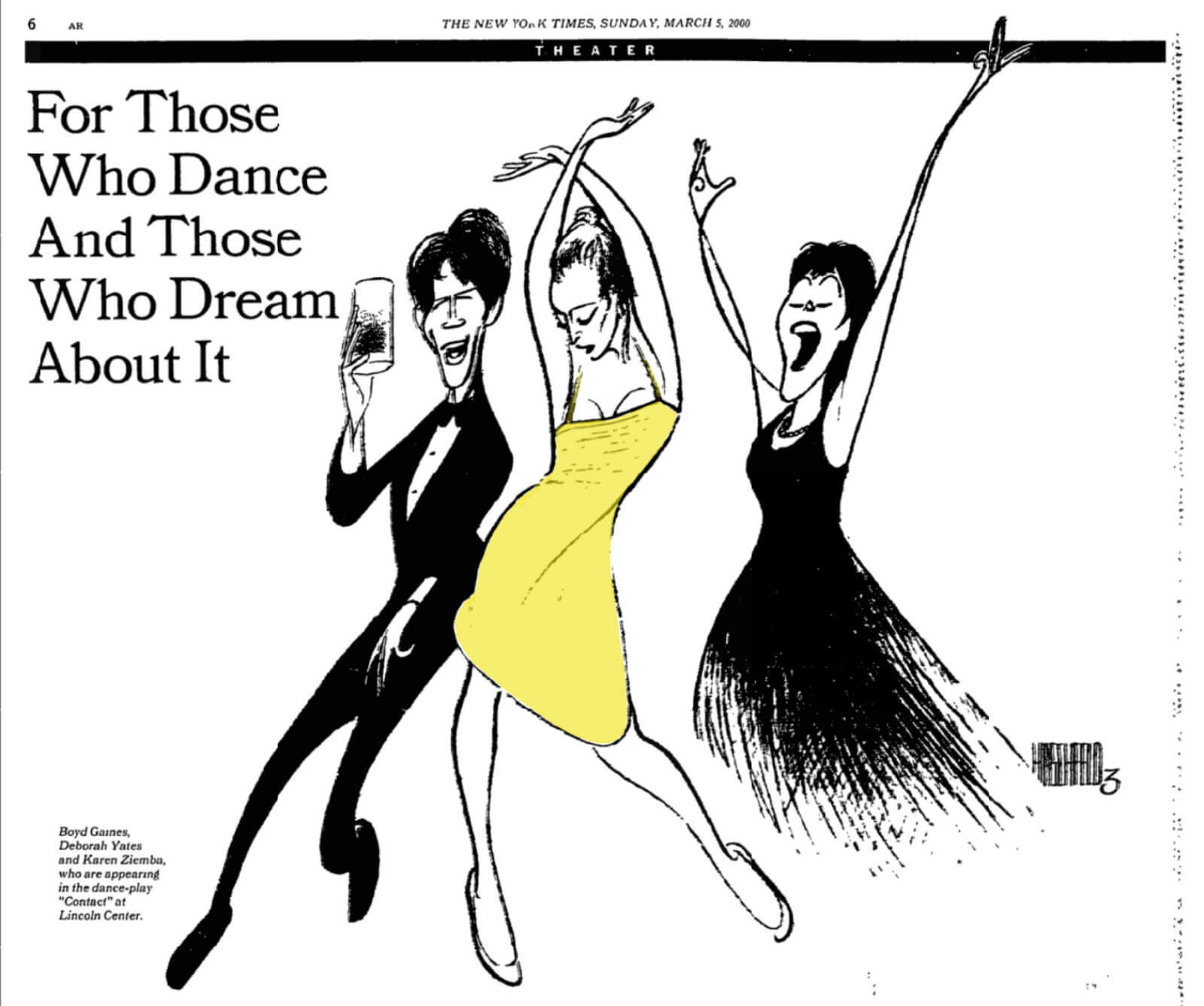 New York Times illustration by Al Hirschfeld published March 5th, 2000 depicting Michael Wiley (Boyd Gaines), Girl in a Yellow Dress (Deborah Yates), and Wife (Karen Ziemba) in Contact