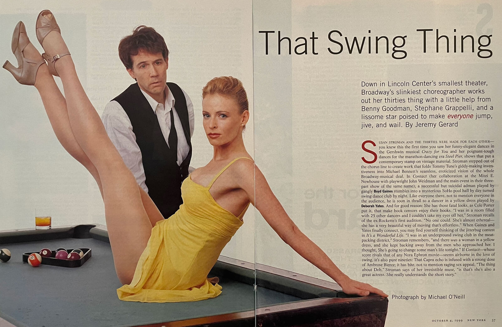 Boyd Gaines as Michael Wiley and Deborah Yates as Girl in the Yellow Dress pose on a pool table for a New York Magazine article entitled That Swing Thing.