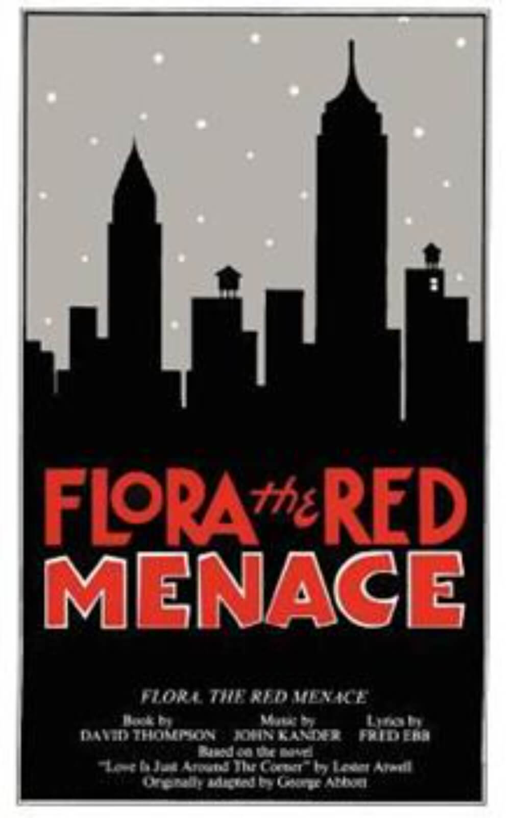 A poster with silhouetted skyline of New York City and red logo for Flora the Red Menace