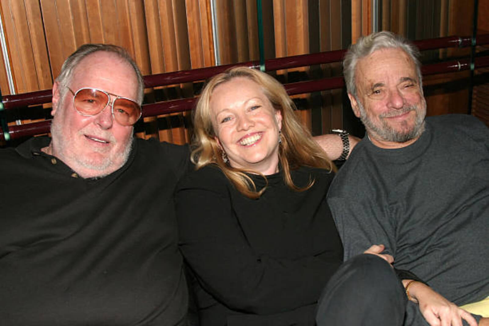A photo of Paul Gemignani, Susan Stroman, and Stephen Sondheim, the award-winning music director, director, and composer.