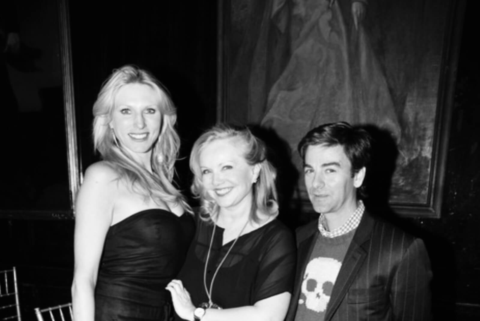 Black and white photo of Susan Stroman with Katherine Crockett and Tom Gold at the opening night of But Not for Me for the Martha Graham Company.