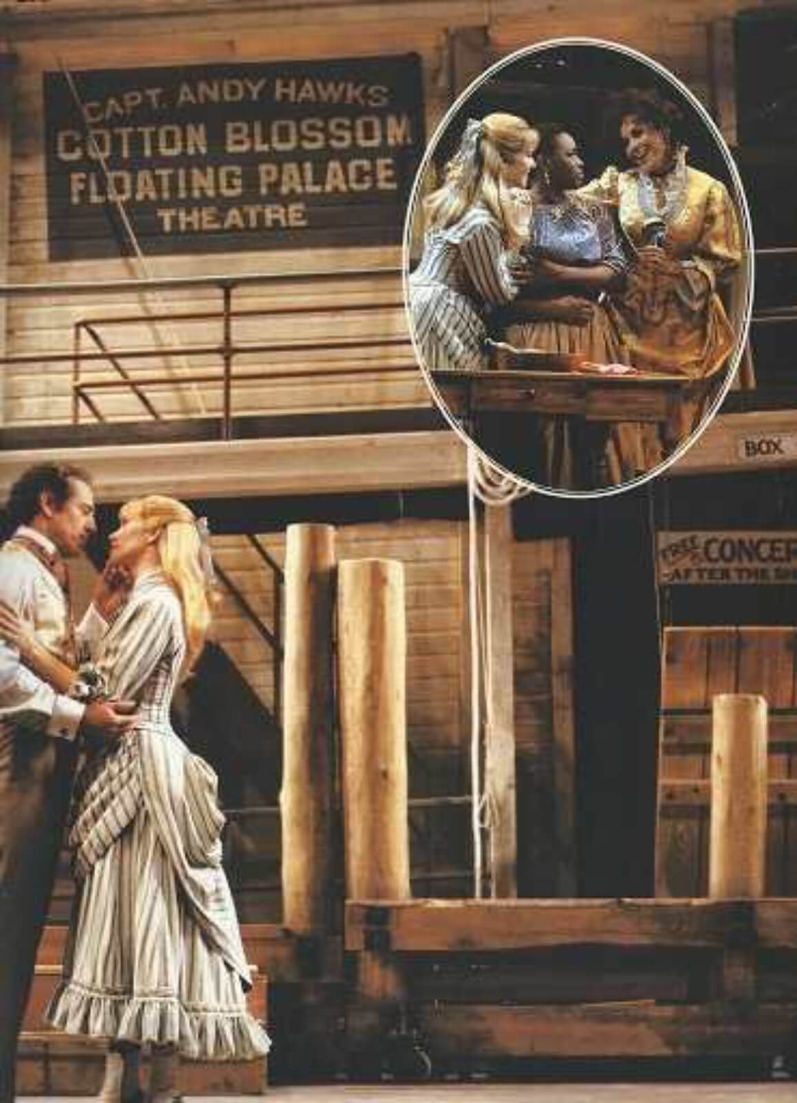 Magnolia (Rebecca Luker) in a beautiful striped blue dress, about to kiss Gaylord Ravenal in front of a closed theatre.