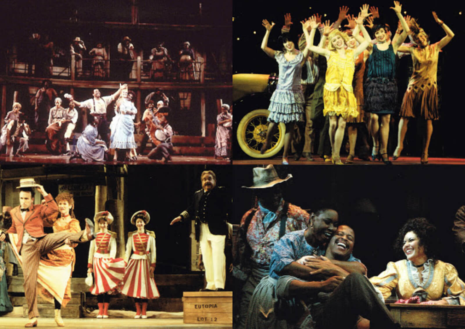 A collage of Charleston Ladies happily dancing in fancy outfits, with arms up in the air, alongside other artists celebrating life in different ways — one is through a simple embrace; another through joyous banjo performances.