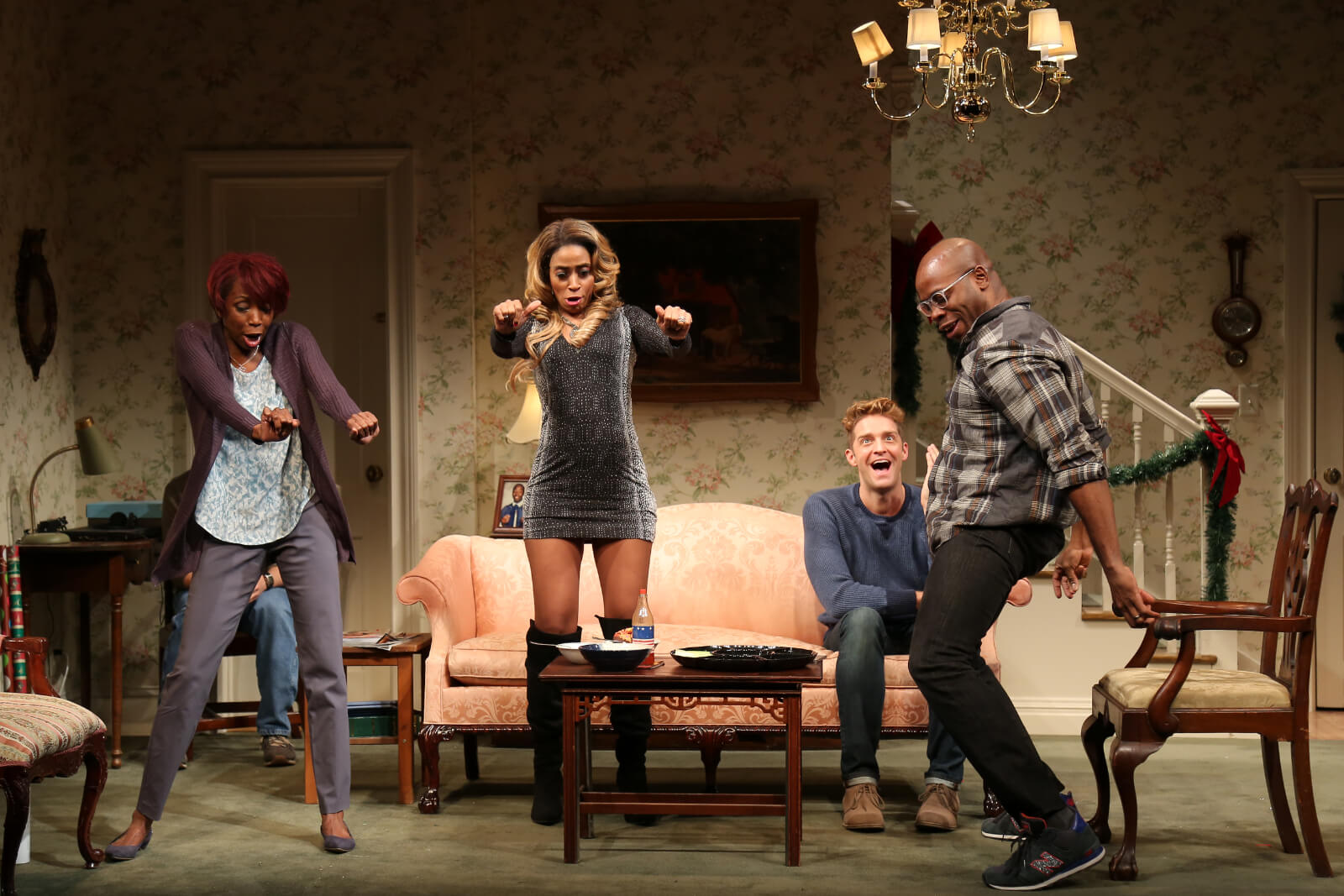 Sharon Washington, Libya V. Pugh, Colin Hanlon and Stephen Conrad Moore in Dot dance in the living room as Adam (Colin Hanlon) watches from the couch