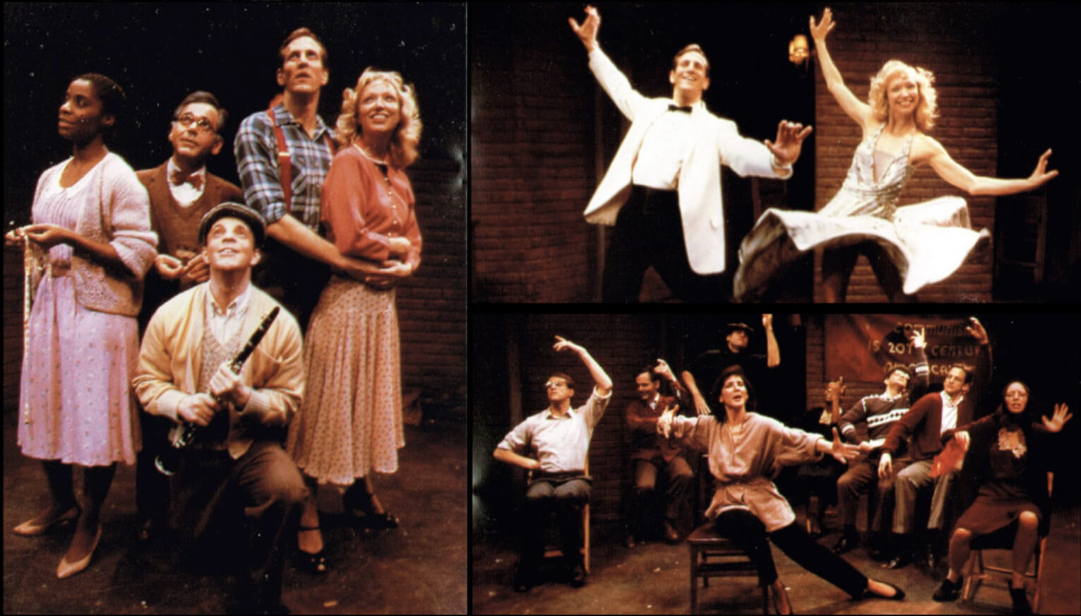 A photo collage featuring various musical numbers and the cast from Flora the Red Menace