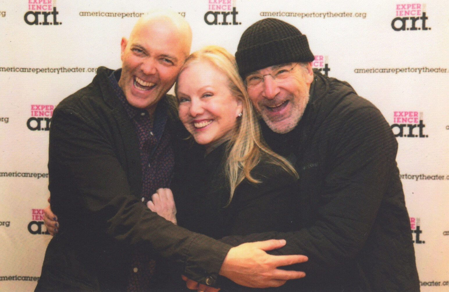 Taylor Mac, Susan Stroman, and Mandy Patinkin (all in black and hugging Stro in the middle) at the opening night of The Last Two People on Earth: An Apocalyptic Vaudeville at A.R.T.