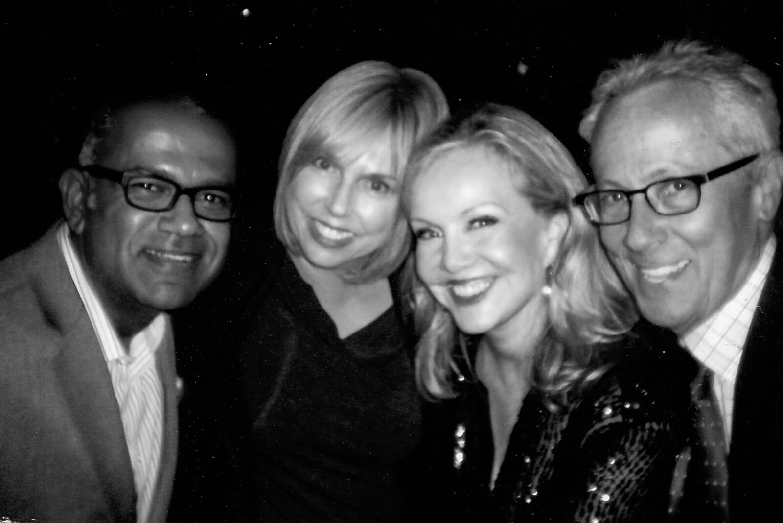 Black and white photo of Andric Bowen, Jessica Lichtner, Susan Stroman, and Bill Hoffman