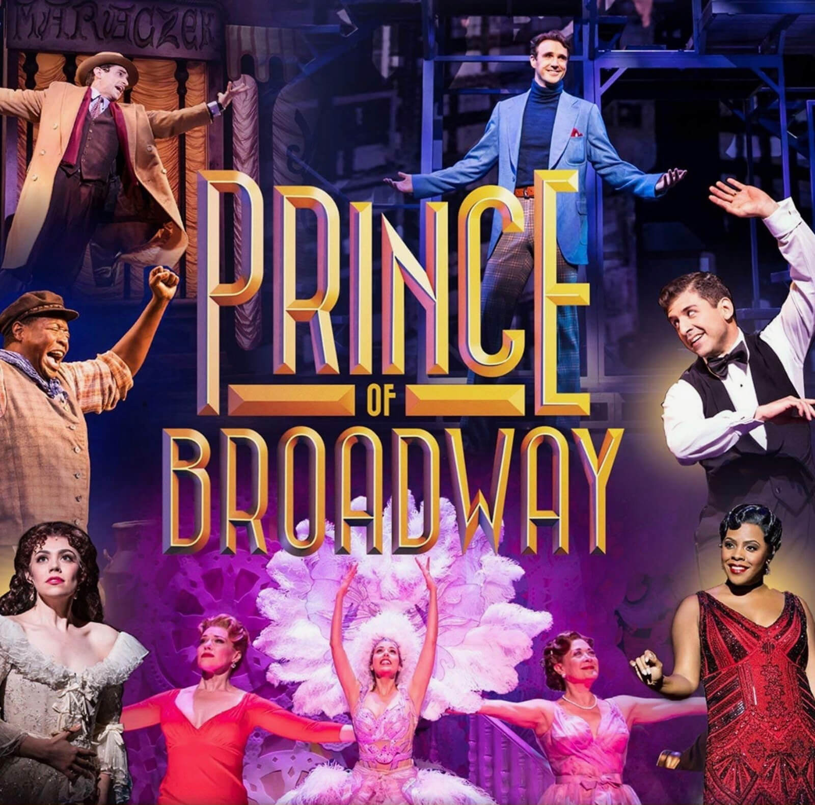 The official logo for Prince of Broadway, with all the characters in different costumes in the background, surrounding the show's title in the middle. The title is elegantly written in big, yellow, narrow fonts, with intricate shadows.