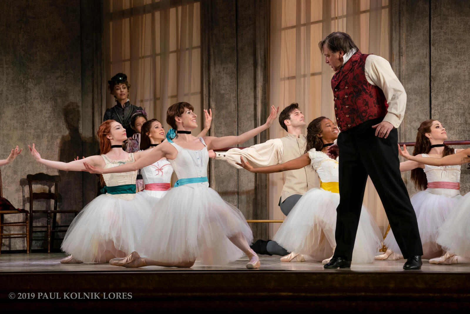 Marie (Tiler Peck) and Jimmy Borstelmann, playing the role of the choreographer, in a ballet class in the musical Little Dancer.