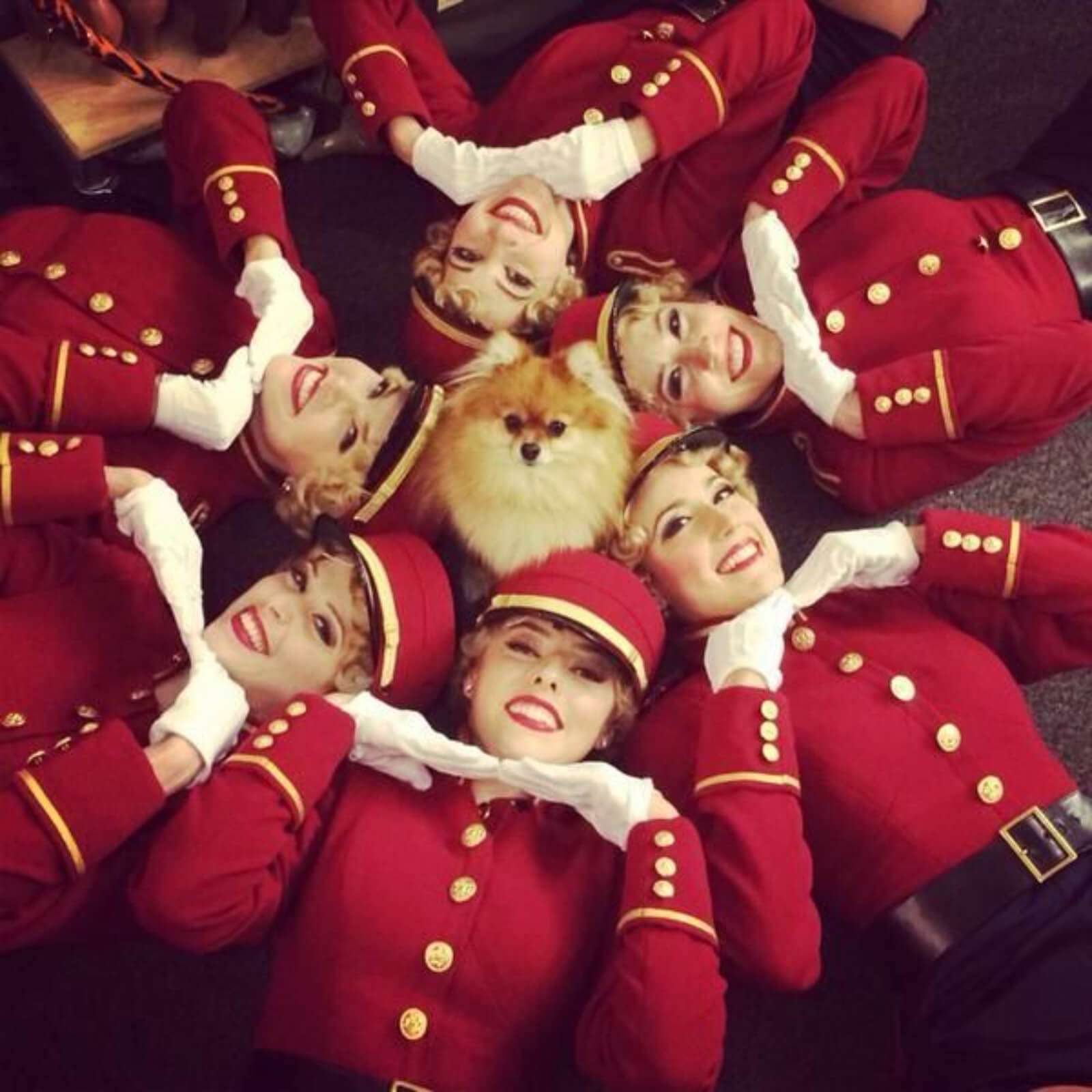 Trixie the dog is surrounded in a circle by members of the female ensemble in red costumes.